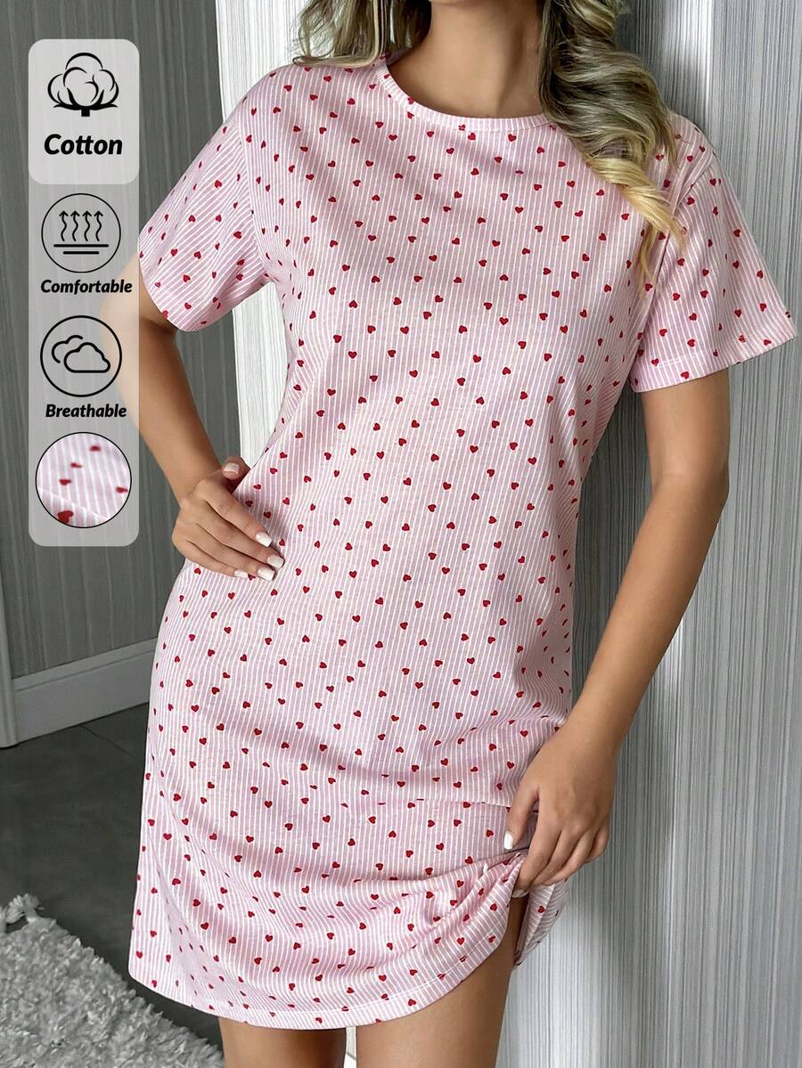SHEIN 娇小码女士纯棉圆领条纹爱心图案短袖舒适睡衣家居服 - 粉色 - 查看 1
