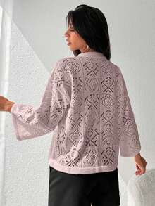 SHEIN Cottnline Women's Solid Color Front Button Hollow-Out 3/4 Sleeve Lightweight Cardigan - Coral Pink - View 4