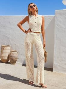 Vivid Eden 2pcs Women Hollow Out Round Neck Sleeveless Knit Top And Knitted Blend Pants Set,Spring To Summer,Vacation,Vacation Style,Beach Set,Casual Sets For Women,Summer Holiday Outfits - Beige - View 3