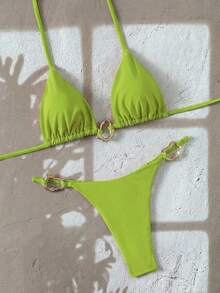 Swim Vcay 女士新款时尚纯色露背吊带金属装饰性感三角比基尼套装，夏季沙滩 - 綠色 - 查看 3