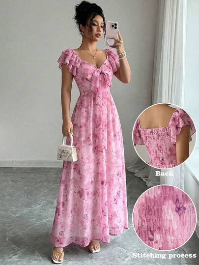 Modelyn Pink Chiffon Floral Print Drawstring Waist Casual Summer Dress For Women