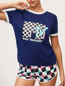 MTV | SHEIN Women's Letter & Checkerboard Print Contrast Trim Round Neck Short Sleeve Top And Shorts Pajama Set - Navy Blue - View 6