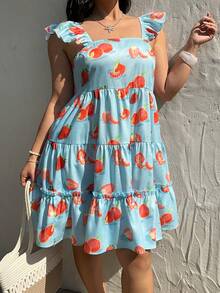 Sunnyshic 大码女式夏季青柠橙色短袖吊带连衣裙，绿松石橙色荷叶边下摆连衣裙 - 淺藍色 - 查看 4