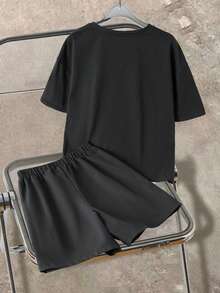 MTV | SHEIN 青少年男孩字母图案圆领短袖T恤和短裤套装 - 深灰色 - 查看 2