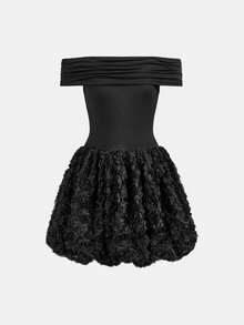 SHEIN Nova Glow 少女休闲纯色拼接露肩连衣裙 - 黑色 - 查看 5