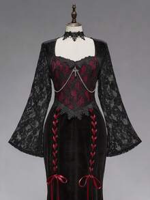 ROMWE Goth 女式复古宫廷哥特式蕾丝拼布撞色十字链装饰紧身美人鱼连衣裙 - 黑色 - 查看 1