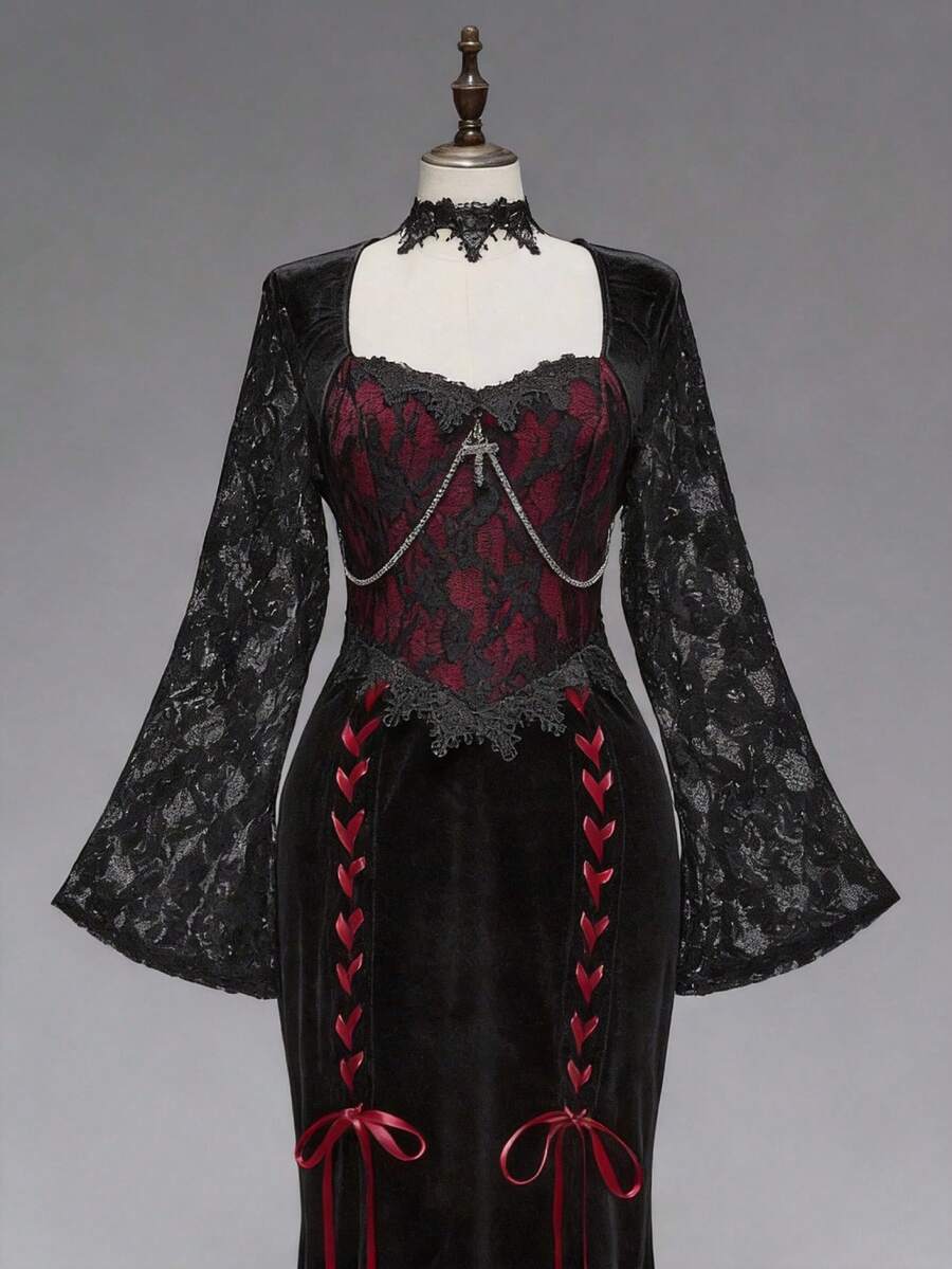 ROMWE Goth 女式复古宫廷哥特式蕾丝拼布撞色十字链装饰紧身美人鱼连衣裙 - 黑色 - 查看 1