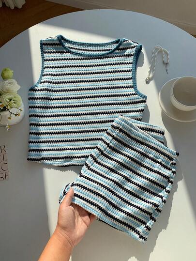 Comfortcana 夏季休闲条纹背心短裤两件套