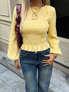 Siren Gaze 女士格子收腰圆领长袖衬衫，圣诞节女士休闲衬衫，褶裥设计，修身腰部，弹力格子衬衫 - 黃色 - 查看 6