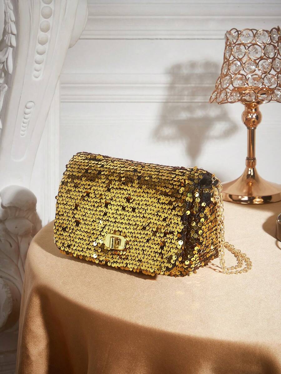 SHECARRY Personalized Sequined Small Bag Women's 2025 New Textured Shoulder Messenger Bag Temperament Simple Chain Small Square Bag - Gold - View 1