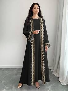 SHEIN Najma Women's Floral & Faux Pearl Print Long Sleeve Casual Arabic Abaya Cardigan Outerwear, Spring/Autumn