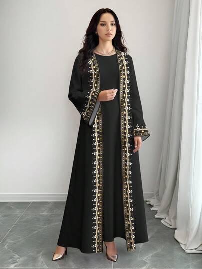 SHEIN Najma 女士花卉仿珍珠印花长袖休闲阿拉伯长袍开衫外套，春秋季
