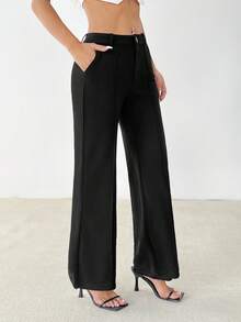 SHEIN PETITE Women's Casual Commuting Solid Straight Pants - Black - View 7