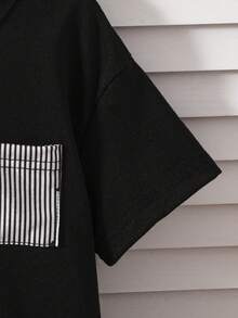 2件套男童韩版宽松插肩袖黑色T恤和可爱星条纹直筒裤睡衣套装 - 寶藍色 - 查看 8