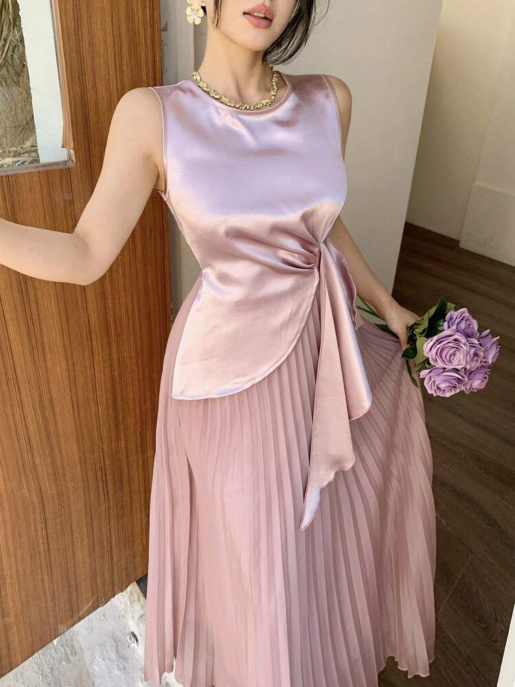 Mid-Calf Length Round Neck Pleated Dress, Suitable For Wedding Guests And Party Wedding Guest Dress Maxi Dress Sundress