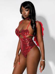 Amplova 女士红色镂空心形胸衣连体衣，性感时尚，适合情人节、新年、约会之夜 - 紅色 - 查看 7