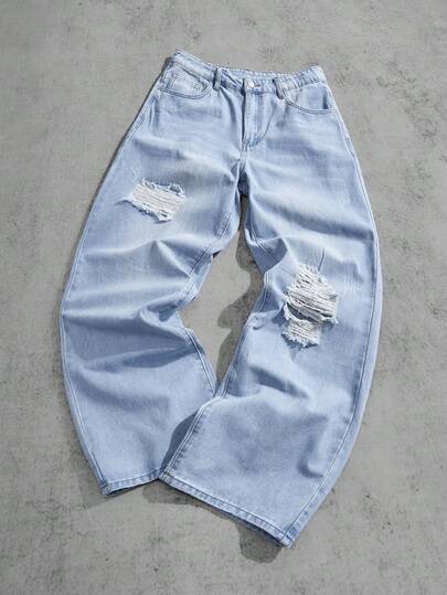 Manfinity EMRG 男士破洞牛仔裤，带口袋，磨边牛仔裤，纯色长款宽松破洞浅蓝色工装牛仔裤，适合送给丈夫、男朋友的礼物