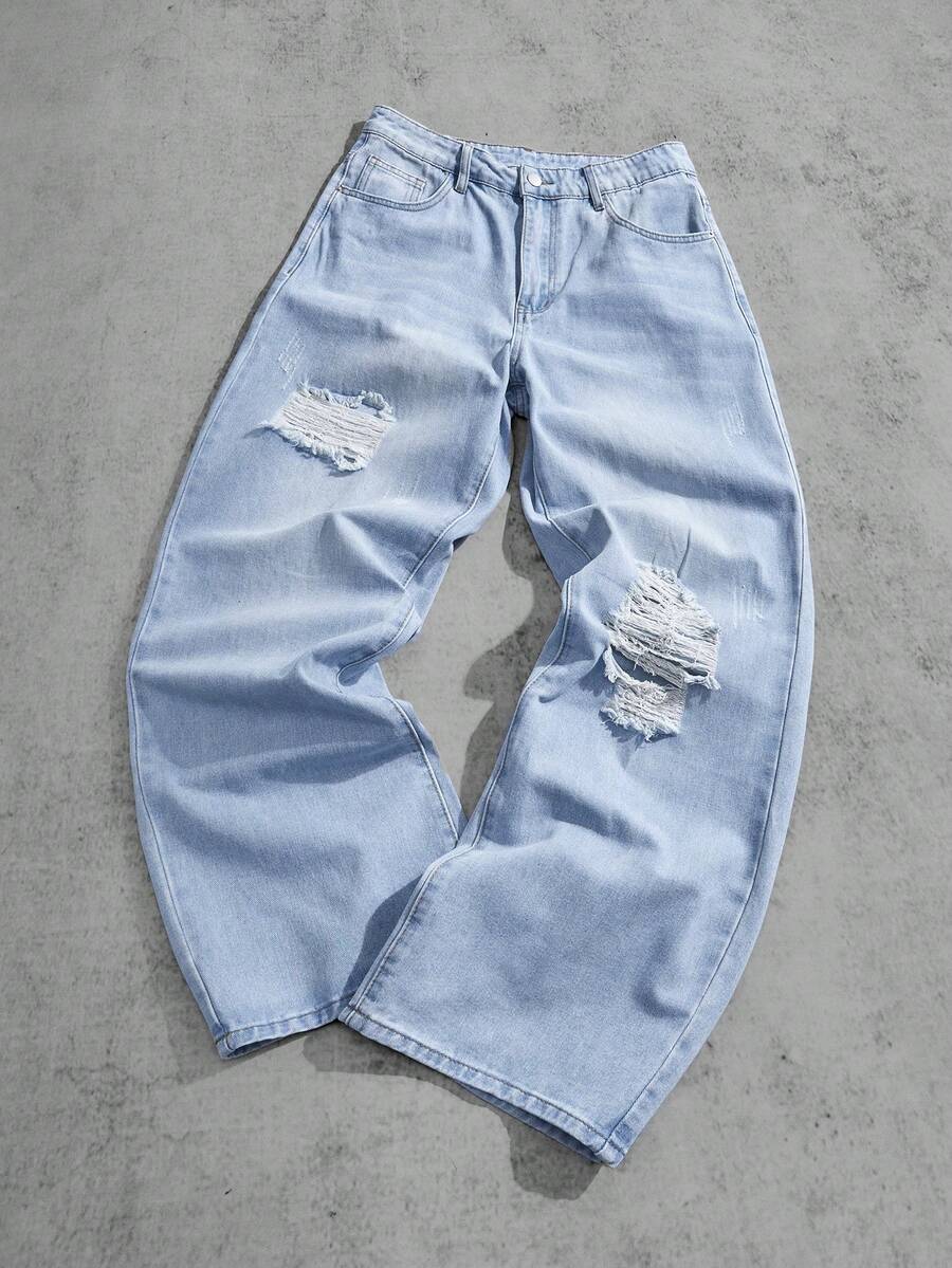 Manfinity EMRG 男士破洞牛仔裤，带口袋，磨边牛仔裤，纯色长款宽松破洞浅蓝色工装牛仔裤，适合送给丈夫、男朋友的礼物 - 淺色水洗藍 - 查看 1