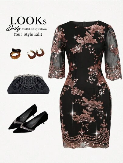 Ellevyn Vestido mini elegante y versátil de mujer con parches de malla bordada con lentejuelas negras, con gracia