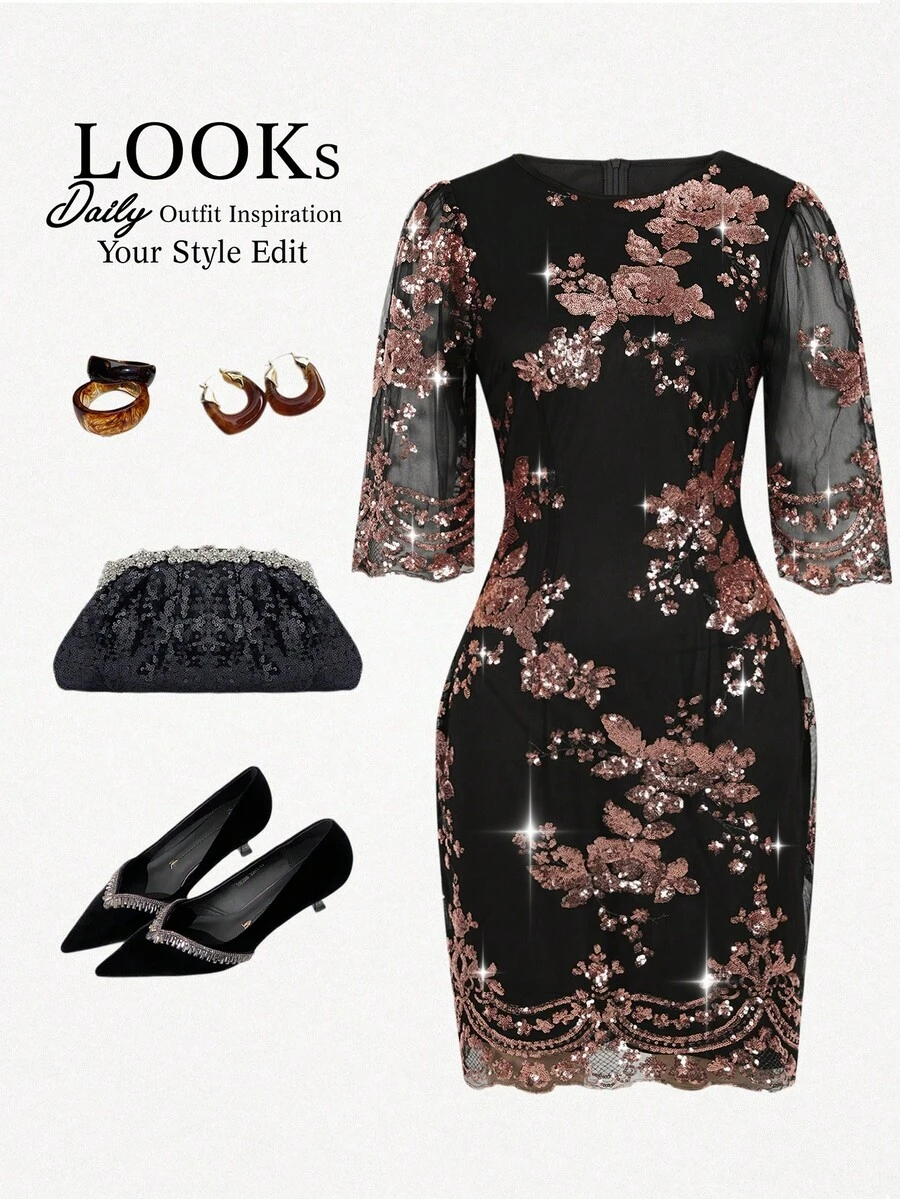 Ellevyn 女士优雅百搭亮片黑色刺绣亮片网纱拼接迷你连衣裙，姿态优美 - 黑色 - 查看 1