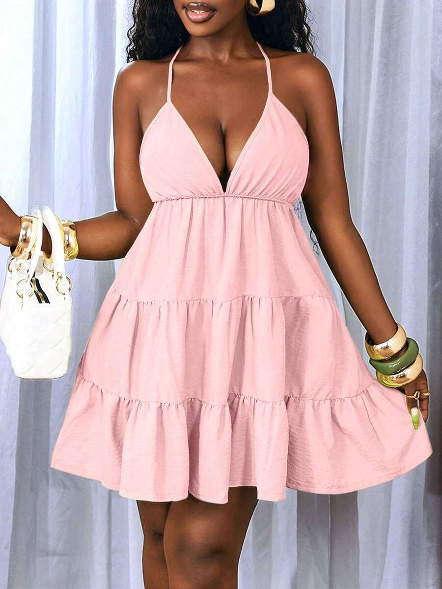 BamGleam Women's Vacation Solid Color Ruffle Hem Sexy Halter Backless Tie Strap Dress - Pink - View 1