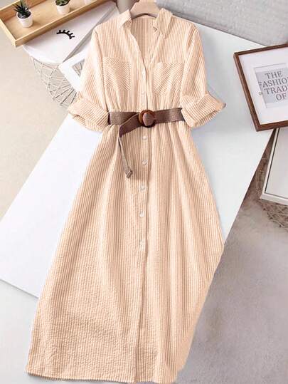 Franclia 女士纯色前扣口袋休闲卷袖连衣裙