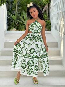 Tween Girls' Floral Print Casual Sleeveless Summer Dress,Mothers Day Outfit,Graduation,Mommy And Me Matching Outfits - Green - View 4