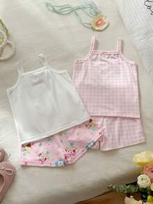 SHEIN Babygirl 4pcs Summer Pink White Cute Night Set,Halter Top & Shorts,Cartoon Rabbit Print Checkered Knitted Fabric,Loose Fit Sweet Style For Picnic - Multicolor - View 3