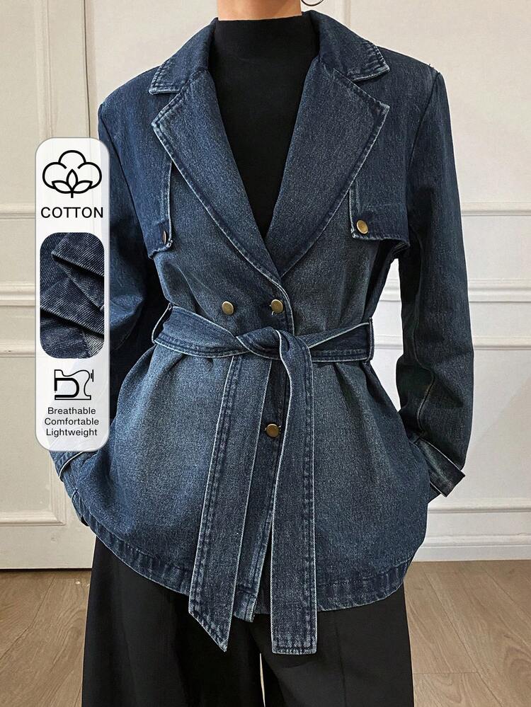 Women's Denim Jacket With Collar, Belt Decor, Casual City Style Denim Jacket And Coat Y2k