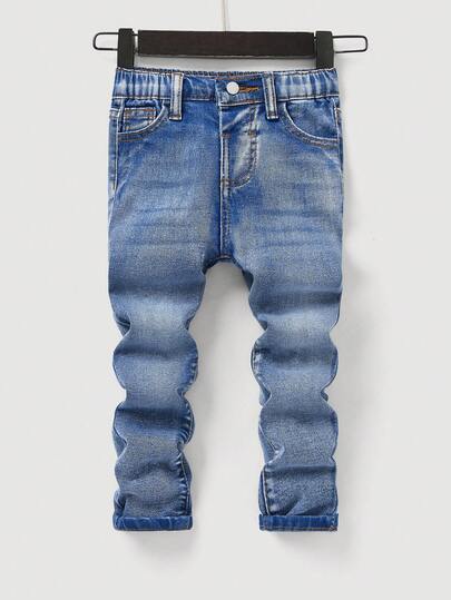 SHEIN Young Boy 1pc Black Comfortable And Refreshing Dark Wash Design Elasticity Denim Skinny Pants For Dailywear And Back To School Clothes