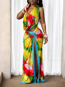 BamGleam 女士性感深V露背上衣和高开衩裙两件套，夏季度假 - 彩色 - 查看 4