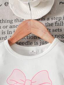 SHEIN 女童蝴蝶结印花针织T恤+条纹蛋糕裙，休闲时尚，百搭，适合派对、郊游、姐妹合照、公园、露营、度假、日常休闲穿着。 - 粉色 - 查看 4