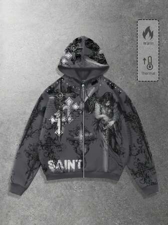 Goth Sweat-shirt à capuche zippé à manches longues avec imprimé croix et lettres pour homme, pour l'hiver