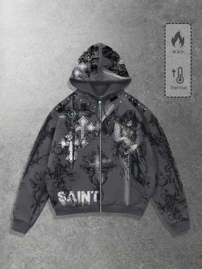Goth Men's Cross & Letter Print Hooded Zip-Up Long Sleeve Sweatshirt, For Winter