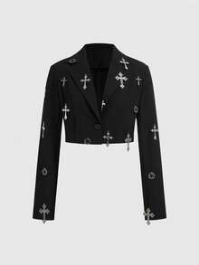 ROMWE 朋克金属十字架吊坠短款修身西装外套 - 黑色 - 查看 1
