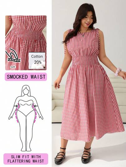 Solflare 2026 Spring/Summer New Casual Dress, Suitable For Outings, Daily Casual, Parties, Dates, Birthday Parties, Music Festivals, Back To School, Commuting, Vacations, Valentine's Day, A-Line, Red Plaid, Waist Cinched, Bow Shoulder Straps, Mid-Length, Plus Size