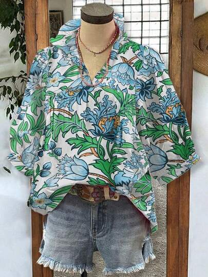 Voyazaga Thời trang nữ cỡ lớn mùa xuân/hè, trang phục nghỉ dưỡng thường ngày đơn giản và đa năng, áo sơ mi nữ cỡ lớn tay lỡ in hoa, trang phục nghỉ dưỡng biển cỡ lớn dành cho nữ.