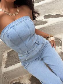 Sunnyshic Bộ áo liền quần denim nữ kiểu dáng thường ngày, có túi, thích hợp cho kỳ nghỉ. - Rửa nhẹ - Xem 7