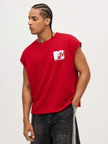 MTV | SHEIN Men's Letter Graphic Red Casual Fashion Tank Top - Red - View 5