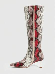 CUCCOO SZL Giày bốt cao đến đầu gối mũi nhọn họa tiết da rắn tối giản thanh lịch đa năng dành cho nữ, khóa kéo bên hông, kiểu dáng stiletto, thích hợp cho mùa Giáng sinh. - Màu đỏ tím - Xem 8