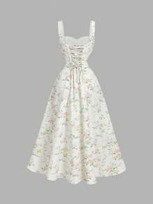 SHEIN MOD 女士梦幻浪漫印花波西米亚风连衣裙，饰有蕾丝边和蝴蝶结——完美适用于度假、浪漫场合；沙滩风印花连衣裙，适合度假、约会、野餐、派对、舞会、节日和生日等场合；浪漫复古宫廷风 - 彩色 - 查看 6