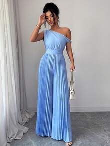 Modelyn Blue Pearl Shoulder Ruched Jumpsuit For Women - Baby Blue - View 7