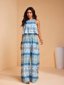 JIAN LASALA 女士度假休闲圆领无袖叠层阔腿长款连体裤，全身印花 - 藍色 - 查看 3