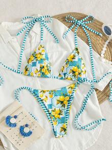 Swim Vcay Bộ bikini nữ mùa hè đi biển, dự lễ hội âm nhạc, thắt nơ, kẻ sọc, in hình chanh, kiểu thắt nút, dễ thương, thích hợp cho kỳ nghỉ. - Nhiều màu - Xem 6