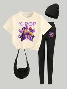 KPOP女团印花短袖T恤和打底裤休闲套装 - 彩色 - 查看 4