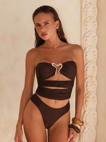 Swim Chiccia Asymmetrical U-Shaped 3-Tier Brown Vacation Beach Elegant Mature Bikini Top - Brown - View 5