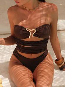 Swim Chiccia Asymmetrical U-Shaped 3-Tier Brown Vacation Beach Elegant Mature Bikini Top - Brown - View 1