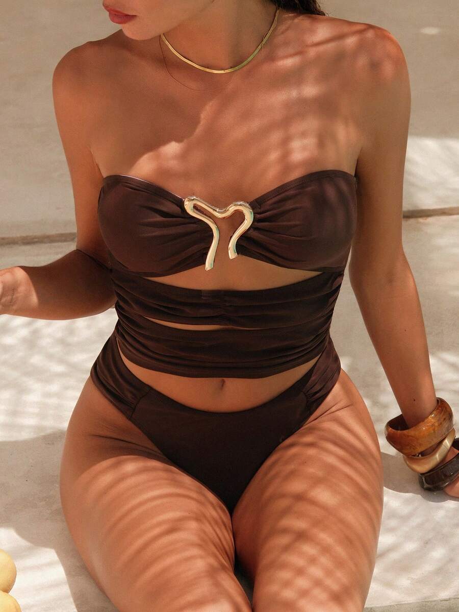 Swim Chiccia Asymmetrical U-Shaped 3-Tier Brown Vacation Beach Elegant Mature Bikini Top - Brown - View 1
