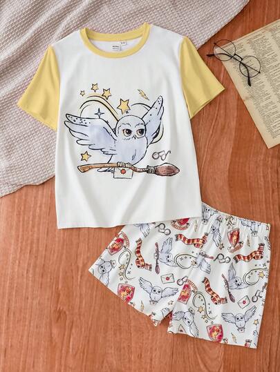 HARRY POTTER X SHEIN 2pcs Tween Girl Cute Cartoon Hedwig Owl Print Contrast Color T-Shirt And White Badge All-Over Print Shorts Pajama Set, Suitable For Spring/Summer