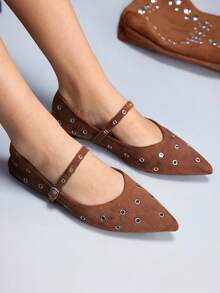 CUCCOO GRLICON Women's Rivet Decor Buckle Pointed Toe Flat Shoes Valentine's Day - Brown - View 3
